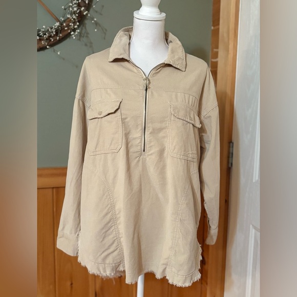 Aerie Beige Ribbed Pullover Quarter Zip size Small (oversized) - Picture 1 of 15